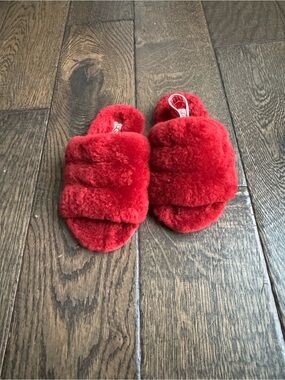 UGG Kids Red Plush Slide Slippers